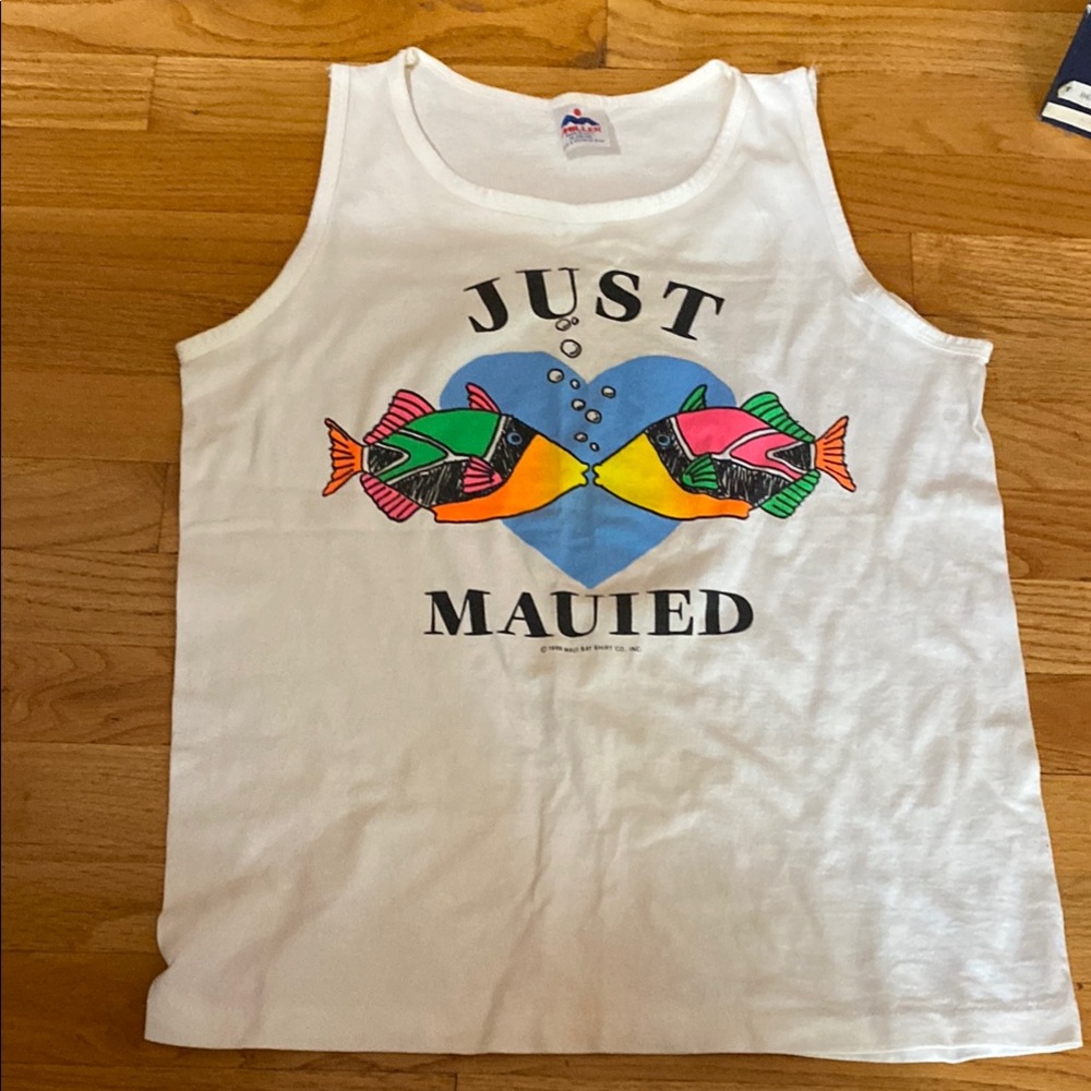 White Tank Top with Colorful Fish Print Just Mauied